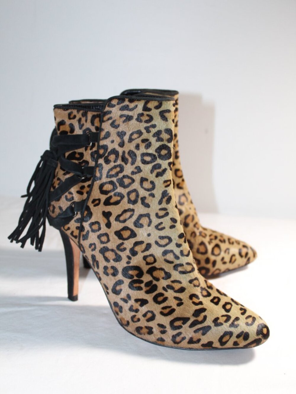 Diane B Leopard Pony Calf Hair Fringe Trim Booties Ankle Boots Heels Side Zip 7